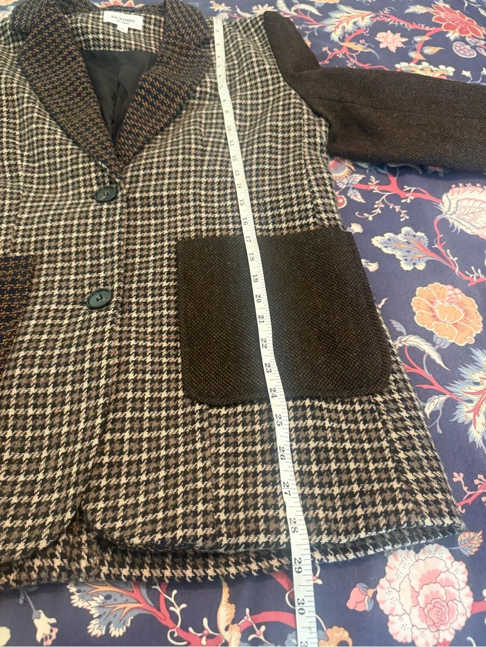 ee-some Brown Mixed Tweed Houndstooth Patchwork Oversized Blazer size Large